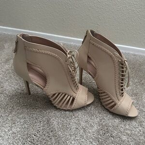 Avec Les Filles Cream Heeled Sandals with Peep-Toe